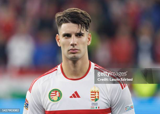 Dominik Szoboszlai of Hungary listens to the Italian anthem prior to the UEFA Nations League League A Group 3 match between Hungary and Italy at...