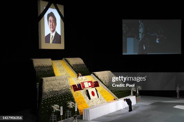 Akie Abe, wife of former Japanese Prime Minister Shinzo Abe, bows at the altar during the state funeral for Japan's former prime minister Shinzo Abe...