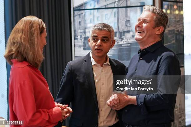 Labour Party leader Keir Starmer and his wife Victoria speak with Mayor of London, Sadiq Khan before having breakfast in the Pullman hotel on the...