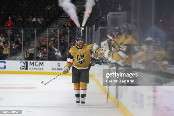 Phil Kessel of the Vegas Golden Knights celebrates after scoring a shootout goal against the Los Angeles Kings at T-Mobile Arena on September 26,...