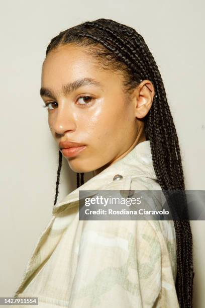 Model poses backstage at the Ermanno Scervino Fashion Show during the Milan Fashion Week Womenswear Spring/Summer 2023 on September 24, 2022 in...