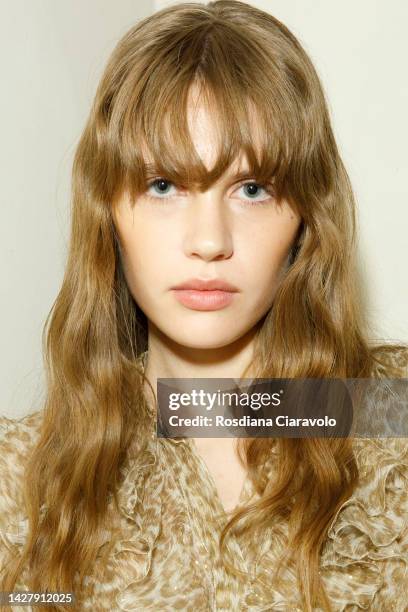 Model poses backstage at the Ermanno Scervino Fashion Show during the Milan Fashion Week Womenswear Spring/Summer 2023 on September 24, 2022 in...