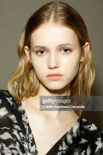 Model poses backstage at the Ermanno Scervino Fashion Show during the Milan Fashion Week Womenswear Spring/Summer 2023 on September 24, 2022 in...