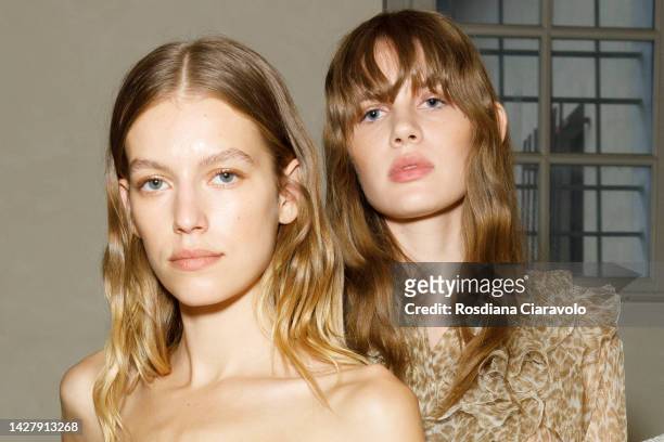 Models pose backstage at the Ermanno Scervino Fashion Show during the Milan Fashion Week Womenswear Spring/Summer 2023 on September 24, 2022 in...