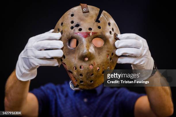 Jason Voorhees' Hero Hockey Mask from Friday The 13th Part VI: Jason Lives, est £40,000-60,000 goes on view at the Propstore on September 08, 2022 in...