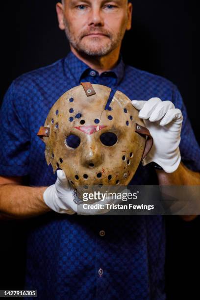 Jason Voorhees' Hero Hockey Mask from Friday The 13th Part VI: Jason Lives, est £40,000-60,000 goes on view at the Propstore on September 08, 2022 in...