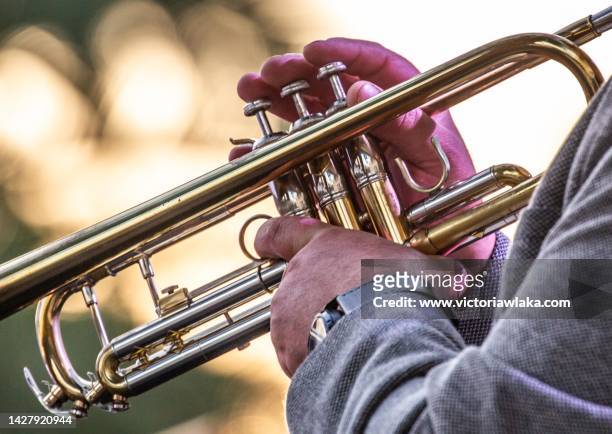 close-up of the hands of a trumpet player - blechblasinstrument stock-fotos und bilder