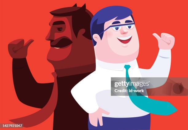 illustrazioni stock, clip art, cartoni animati e icone di tendenza di uomo d'affari che gesticola pollice in su con l'ombra del diavolo - malvagità