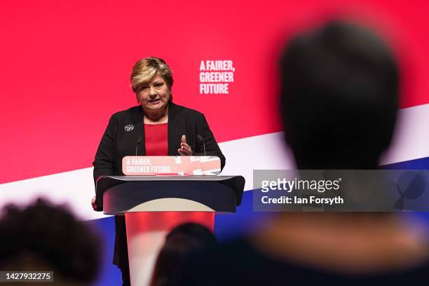 Emily Thornberry, Shadow Attorney General addresses delegates at the Labour Party Conference on September 27, 2022 in Liverpool, England The Labour...