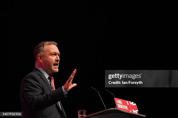 Steve Reed, Shadow Secretary of State for Justice addresses delegates at the Labour Party Conference on September 27, 2022 in Liverpool, England The...