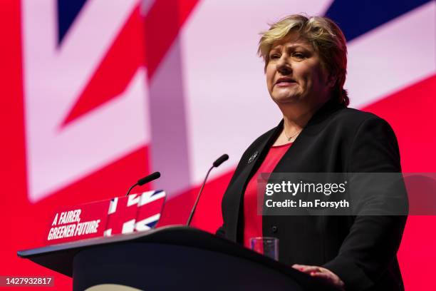 Emily Thornberry, Shadow Attorney General addresses delegates at the Labour Party Conference on September 27, 2022 in Liverpool, England The Labour...