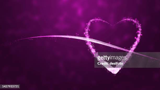 horizontal vibrant bright purple or violet colored glittering textured artistic three dimensional effect christmas or valentine backgrounds with a curved wave swish swoosh swash label or stripe template like a paint stroke and one heart shape - love at first sight stock illustrations