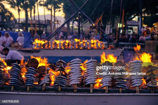 traditional sardine espetos.traditional sardine espeto - andalucia beach stock pictures, royalty-free photos & images