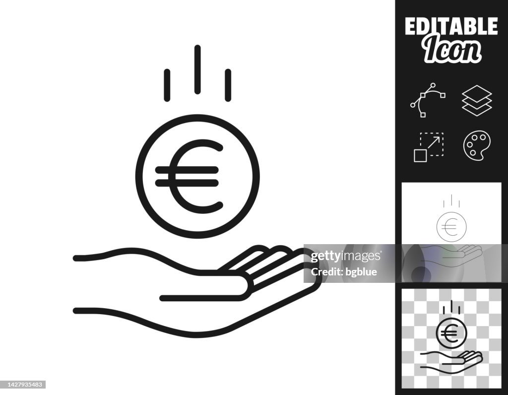 Euro coin falling in hand. Icon for design. Easily editable