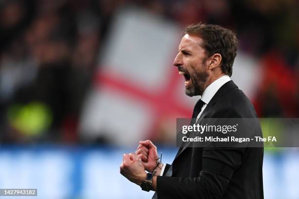 Gareth Southgate, Manager of England celebrates their side's third goal during the UEFA Nations League League A Group 3 match between England and...