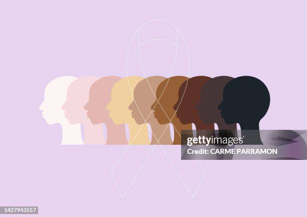 illustrations, cliparts, dessins animés et icônes de femmes de différents tons de peau sans cheveux et ruban pour la sensibilisation au cancer - completely bald stock