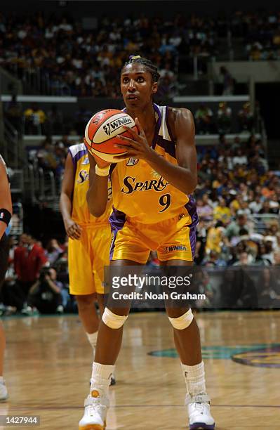 Lisa Leslie of the Los Angeles Sparks attempts a free throw during Game two of the 2002 WNBA Finals against the New York Liberty on August 31, 2002...