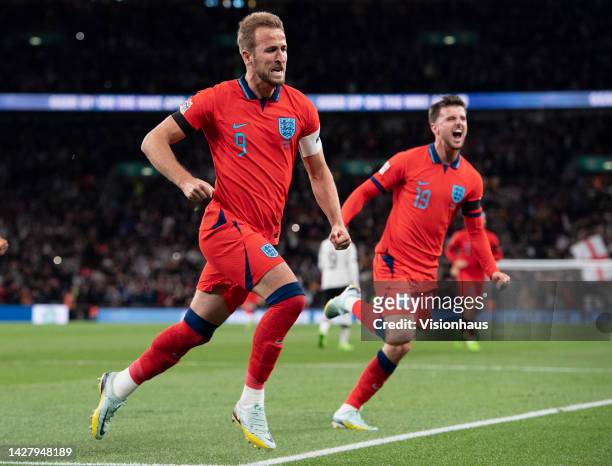 Harry Kane celebrates scoring England's third goal during the UEFA Nations League League A Group 3 match between England and Germany at Wembley...