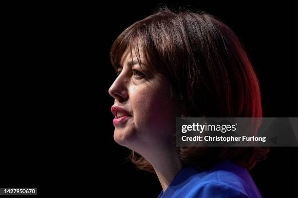 Labour's Shadow culture secretary Lucy Powell delivers her keynote speech on day three of the Labour Party Conference at the ACC on September 27,...