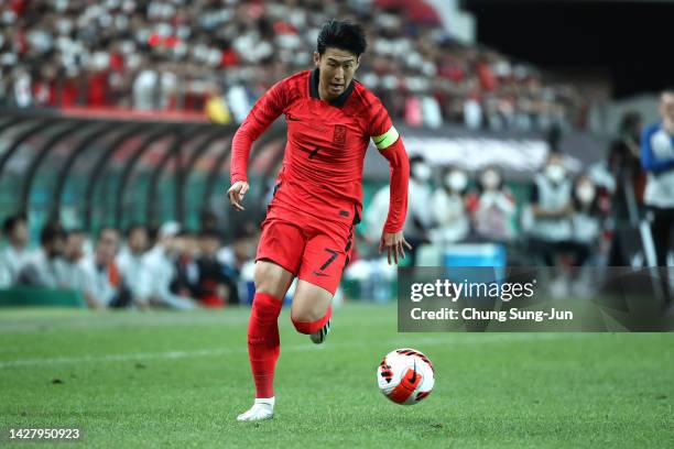 Son Heung-Min of South Korea controls the ball during the South Korea v Cameroon - International friendly match at Seoul World Cup Stadium on...