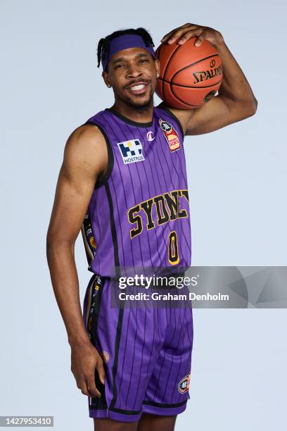 Justin Simon of the Kings poses during the Sydney Kings 2022-23 NBL Headshots Session at the Darwin Basketball Association on September 19, 2022 in...