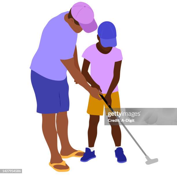 fatherteachinggolftohischild - kid grabbing stock illustrations