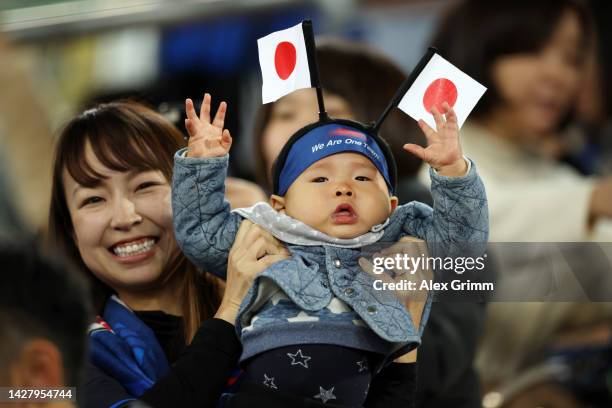 Fans of Japan enjoy the pre match atmosphere prior to the international friendly match between Japan and Ecuador at Merkur Spiel-Arena on September...