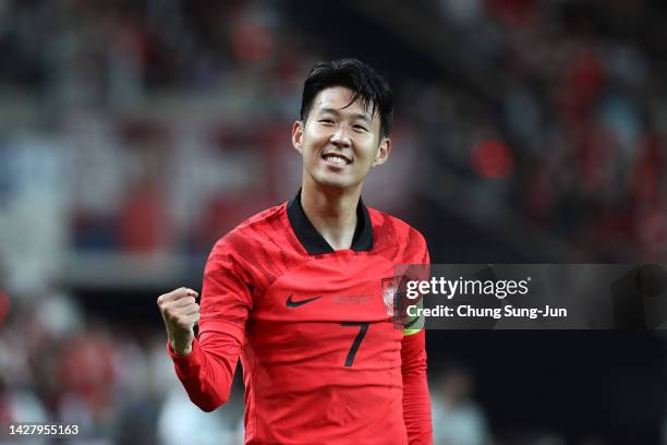 Son Heung-Min of South Korea celebrates after scoring his team's first goal during the South Korea v Cameroon - International friendly match at Seoul...