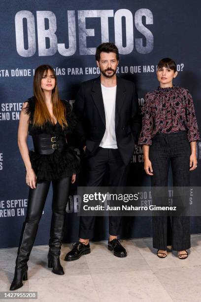 China Suarez, Alvaro Morte and Veronica Echegui attend the 'Objetos' photocall at Paz Cinema on September 27, 2022 in Madrid, Spain.