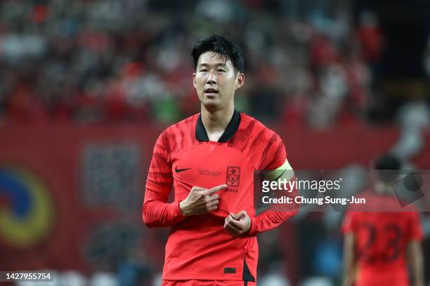Son Heung-Min of South Korea celebrates after scoring his team's first goal during the South Korea v Cameroon - International friendly match at Seoul...
