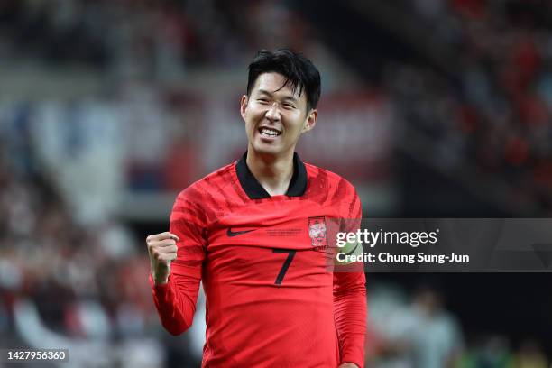 Son Heung-Min of South Korea celebrates after scoring his team's first goal during the South Korea v Cameroon - International friendly match at Seoul...