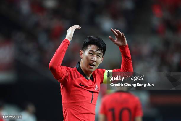 Son Heung-Min of South Korea celebrates after scoring his team's first goal during the South Korea v Cameroon - International friendly match at Seoul...