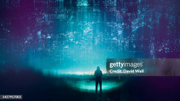 a science fiction concept of a man looking up at a glowing grid of lights and patterns in the sky. - quantum physics stock pictures, royalty-free photos & images