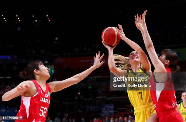 Tess Madgen of Australia shoots against Yuki Miyazawa of Japan during the 2022 FIBA Women's Basketball World Cup Group B match between Australia and...