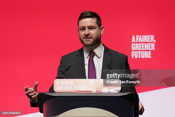 Jim McMahon, Shadow Secretary of State for Environment, Food and Rural Affairs addresses delegates during the Labour Party conference on September...