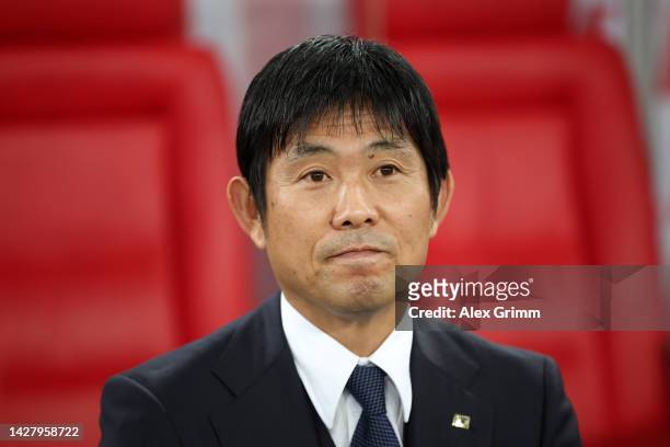 Hajime Moriyasu, Head Coach of Japan looks on prior to the international friendly match between Japan and Ecuador at Merkur Spiel-Arena on September...