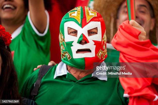 mexican football fan wearing wrestling mask while watching international championship match - mixed wrestling imagens e fotografias de stock