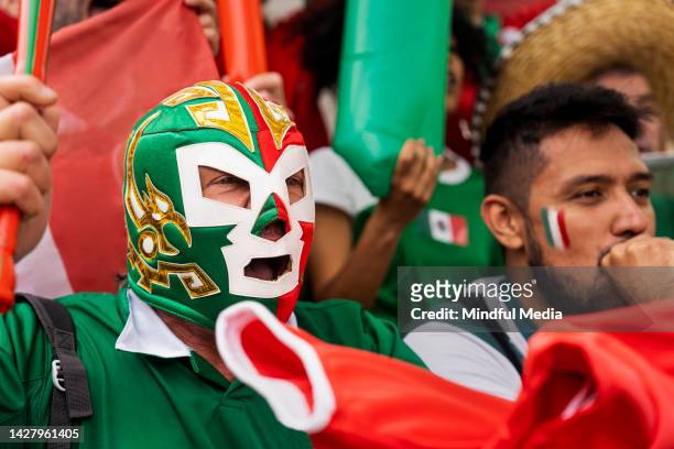 mexican football fan wearing lucha libre mask while watching match at stadium - mixed wrestling imagens e fotografias de stock