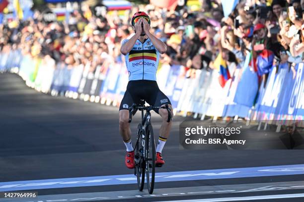 Remco Evenepoel of Belgium wins the men's road race during the Men Road Race during the 95th UCI Road World Championships 2022 on September 25, 2022...