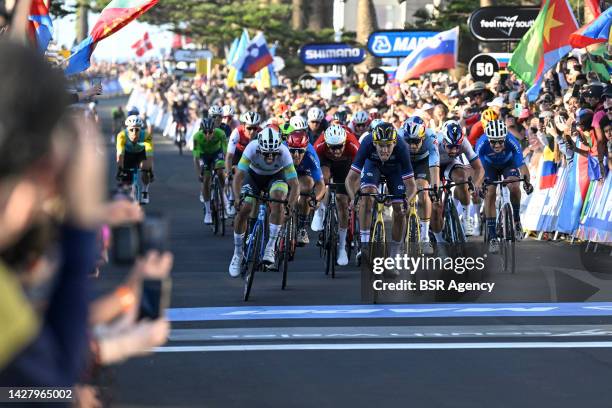 Second place Christophe Laporte of France and 3rd place Michael Matthews of Australia cross the finish line during the Men Road Race during the 95th...