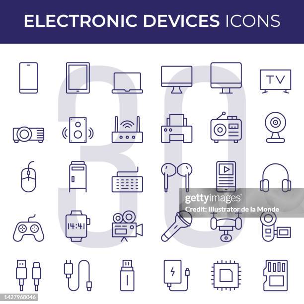 electronic devices line icons - desktop computer icon stock illustrations