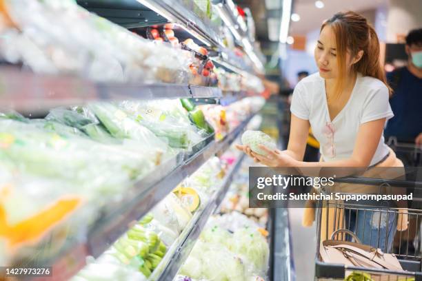 asian woman shopping for fresh organic groceries in supermarket with supermarket cart. - refrigeration transport stock pictures, royalty-free photos & images