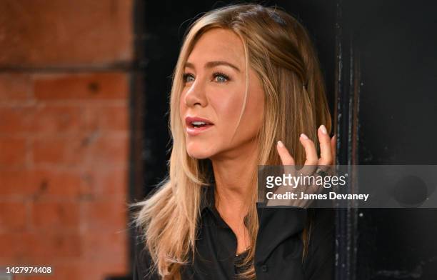 Jennifer Aniston is seen filming on location for 'The Morning Show' at the Mercer Hotel on September 26, 2022 in New York City.