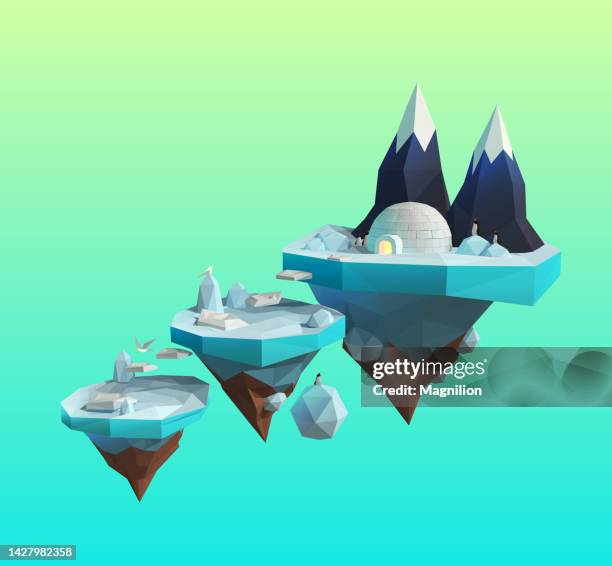 snow igloo with penguins on the flying island, game concept - casque 3d stock illustrations