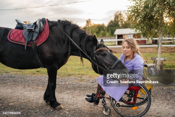 woman with cerebral palsy on a wheelchair animal therapy horses - world kindness day 個照片及圖片檔