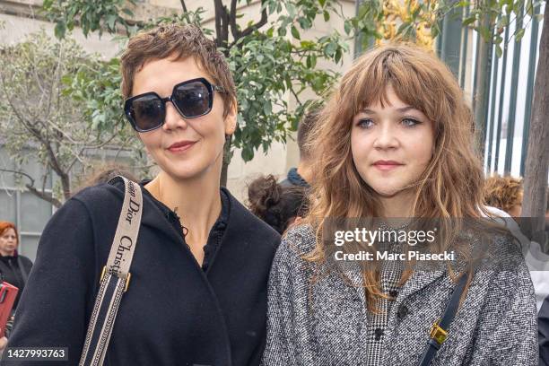 Maggie Gyllenhaal and daughter Ramona Sarsgaard arrive to attend the DIOR fashion show as part of the PFW on September 27, 2022 in Paris, France.