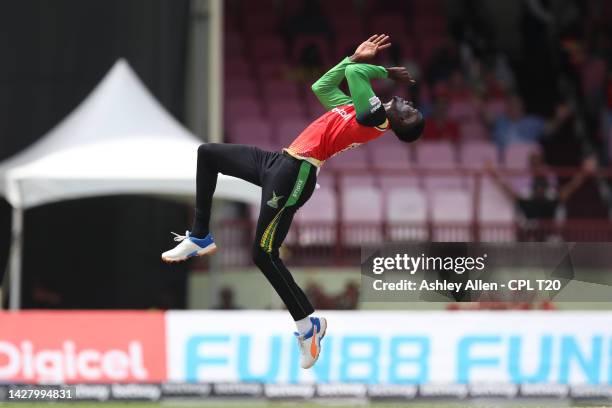 Junior Sinclair of Guyana Amazon Warriors celebrates the wicket of Kyle Mayers of Barbados Royals during the Men's 2022 Hero Caribbean Premier League...