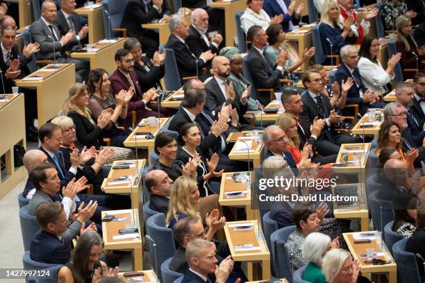 Politicians are seen attending at the opening of the Swedish Parliament for the fall session at the Riksdag Parliament building on September 27, 2022...