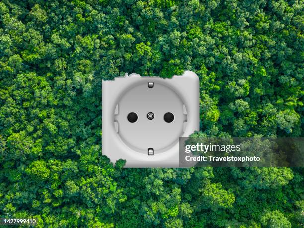 green energy and sustainability. 
power socket. sustainable energy production. clean energy. outlet surrounded by a tropical forest. - climate action stock pictures, royalty-free photos & images