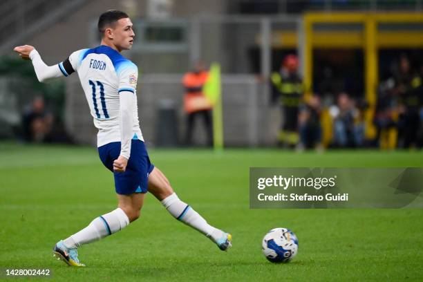 Phil Foden of England controls the ball during the UEFA Nations League League A Group 3 match between Italy and England at San Siro on September 23,...